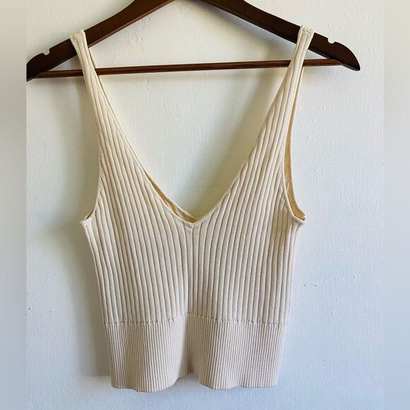Line and dot Cream Ribbed Knit Crop Top Size Small Minimalist Monochrome - Picture 1 of 4